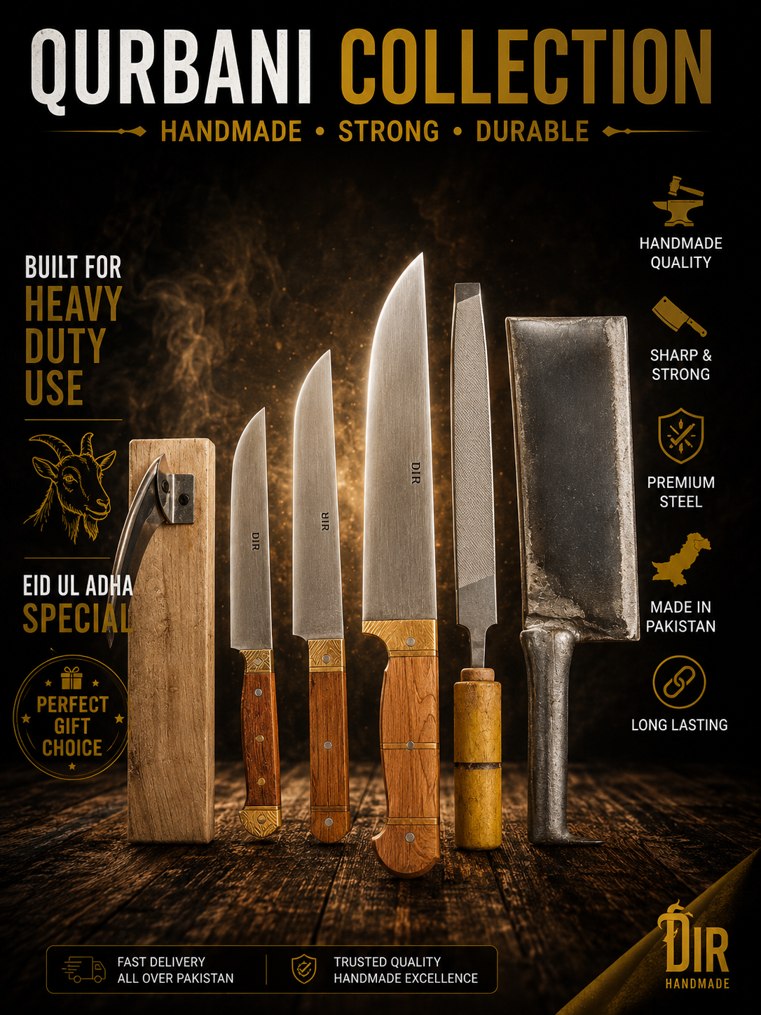 Dir Pure Qurbani Knife Set – Handmade Butcher Cleaver &amp; Sharp Meat Cutting Knives | Eid ul Adha Special